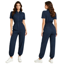 Load image into Gallery viewer, Womens Short Sleeve Scrubs Jumpsuit Front Zipper Elastic Waist Jogger Pants Rompers Nurse Doctor Workwear for Caring Nursing
