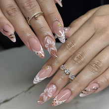Load image into Gallery viewer, Medium fake nails for women Gradient nude brown blue flowers or rhinestones fall winter almond tips press on false nail art set
