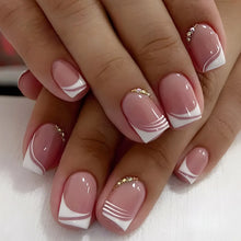 Load image into Gallery viewer, False Nail Full Cover Fake Nail Pink Glitter Wearable French Short Nails Square Head False Nail Press On Nails Manicure Tool
