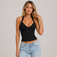 Load image into Gallery viewer, Women's Summer Tops Halter Neck Deep V Ruched Fitted Camisole Crop Top Black Top or White Top Y2K Sleeveless Party Clubwear
