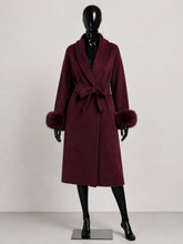 Load image into Gallery viewer, Women's Wool Coat with Fur Cuffs Minimalist Soft Wool High Fashion Belted Winter Fur Trim Coat Old Money Style Natural Fur Coat
