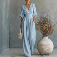 Load image into Gallery viewer, Women's Jumpsuit Fashion High Waist V-neck Casual Jumpsuits Sexy Solid Color Office Wide Leg Trousers Overalls Vacation Outfit
