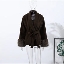 Load image into Gallery viewer, Elegant Women's Lace Up Woolen Coats Solid Full Sleeve Turn-down Collar Loose Lady Coats 2025 Autumn Winter Female Streetwear
