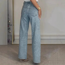 Load image into Gallery viewer, 2025 Women Jeans Straight Diamonds Pants Stretch High Waist Washed Mom Jeans Y2k Streetwear Trousers Vintage Denims Streetwear
