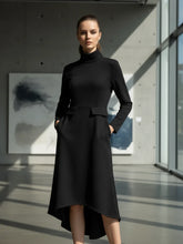 Load image into Gallery viewer, Elegant Black Turtleneck Midi Dress
