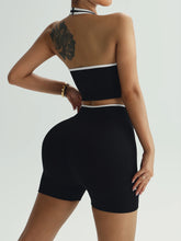 Load image into Gallery viewer, Gym Exercise Set For Women 2pcs Set Yoga Suit Black And White Patchwork Fashionable Halter Top High-Waisted Breathable Shorts
