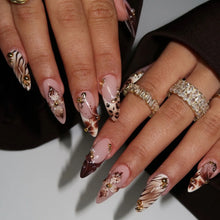 Load image into Gallery viewer, Medium fake nails for women Gradient nude brown blue flowers or rhinestones fall winter almond tips press on false nail art set
