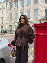 Load image into Gallery viewer, Women's Wool Coat with Fur Cuffs Minimalist Soft Wool High Fashion Belted Winter Fur Trim Coat Old Money Style Natural Fur Coat

