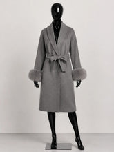 Load image into Gallery viewer, Women's Wool Coat with Fur Cuffs Minimalist Soft Wool High Fashion Belted Winter Fur Trim Coat Old Money Style Natural Fur Coat
