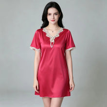 Load image into Gallery viewer, Elegant Women Satin Night Dress Lace V‑Neck Bow Knot Short Sleeve Sexy Sleepwear Ladies Home Loungewear Nightgown Sexy Lingiere
