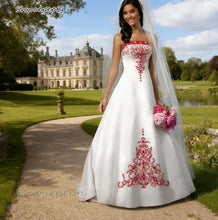 Load image into Gallery viewer, Elegant Embroidery White And Purple Wedding Dress Sweep Train A-Line Satin Strapless Bride Gowns Customized Robes De mariée
