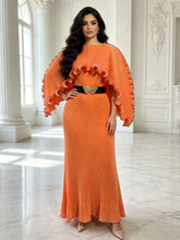 Load image into Gallery viewer, Elegant Pleated Long Dress with Butterfly Belt Women Cape Sleeve Wave Edge Ruffle Evening Party Dress
