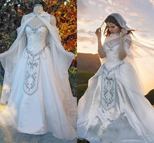 Load image into Gallery viewer, Medieval Wedding Dresses Elven Cape cloak Hood Fairy Long Sleeves embroidery Renaissance Fantasy Victorian Bride Gown customsize
