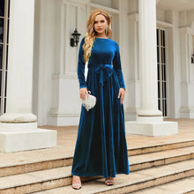 Load image into Gallery viewer, Women's Elegant A-Line Velvet Dress for Wedding Guest Prom Party Wedding Party, Long Sleeve Round Neck Belted Full Skirt
