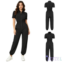 Load image into Gallery viewer, Womens Short Sleeve Scrubs Jumpsuit Front Zipper Elastic Waist Jogger Pants Rompers Nurse Doctor Workwear for Caring Nursing
