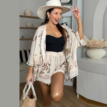 Load image into Gallery viewer, Casual Print Top Shorts Women Set Holidays V-neck Long Flare Sleeve Blouse Wide Leg Short Pants 2026 Summer Autumn Lady Outfit
