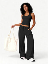 Load image into Gallery viewer, Women 2 Piece Yoga Outfit Ribbed Halter Crop Tank Top Drawstring Wide Leg Pants Set Casual Workout Gym Loungewear Tracksuit
