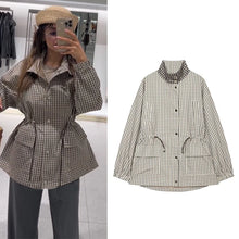 Load image into Gallery viewer, Women's Coat 2026 New Autumn Gray Plaid Long Sleeve Loose Drawstring Decorative Coat Casual Fashion Personal Ladies Outerwear
