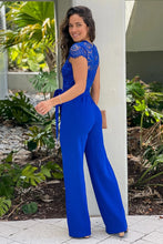 Load image into Gallery viewer, Jumpsuit Women Round Neck Lace Cap Sleeve Waist Tie Solid Wide Leg Elegant Party Wedding Guest Rompers
