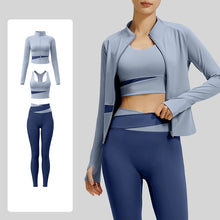 Load image into Gallery viewer, Women's Color Block 3 Piece Yoga Set with Thumb Hole Running Waist Cincher Slim Fit Workout Set Lightweight Pilates Clothes
