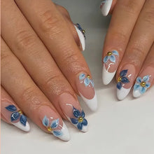 Load image into Gallery viewer, Medium fake nails for women Gradient nude brown blue flowers or rhinestones fall winter almond tips press on false nail art set
