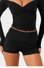 Load image into Gallery viewer, C-B Women's Yoga Set: Long-sleeved V-neck T-shirt &amp; High-waisted Cuffed Shorts &amp; Leggings, Suitable for Gym Workouts.
