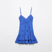 Load image into Gallery viewer, Women Fashion With Ruffled Cutwork Embroidery Mini Dress Vintage Backless Elastic Thin Straps Female Dresses Vestidos
