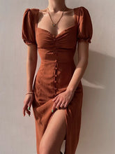 Load image into Gallery viewer, Elegant Dresses Women Summer Sexy Dress 2024 New V-Neck Single Breasted Short Puff Sleeves Solid High Waist Hem Split Midi Dress
