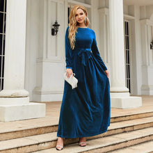 Load image into Gallery viewer, Women's Elegant A-Line Velvet Dress for Wedding Guest Prom Party Wedding Party, Long Sleeve Round Neck Belted Full Skirt
