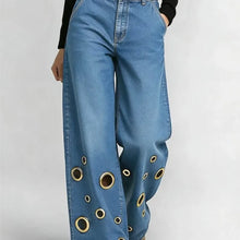 Load image into Gallery viewer, Women's High Waist Wide Leg Jeans with Gold Eyelets Vintage Baggy Denim Pants, Y2K Streetwear Hollow Out Trousers Ladies Jeans
