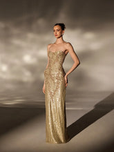 Load image into Gallery viewer, Golden Beaded Evening Dress With Cape Sleeve Glamorous Strapless Long Wedding Party Gown Customized Elegant Red Carpet Gowns
