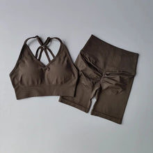 Load image into Gallery viewer, Women's Yoga Set Strappy Sports Bra &amp; High Waisted Shorts | Quick Dry Padded Butt Lifting Workout Outfit for Running Traini
