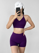 Load image into Gallery viewer, Women's Yoga Set Strappy Sports Bra &amp; High Waisted Shorts | Quick Dry Padded Butt Lifting Workout Outfit for Running Traini
