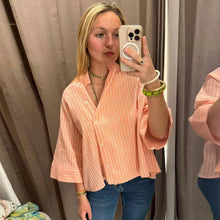 Load image into Gallery viewer, Women's Pink Striped Shirts Summer Asymmetric Button Mid Sleeve Loose Fit Shirts Casual Office Look Vintage Elegant Female Tops
