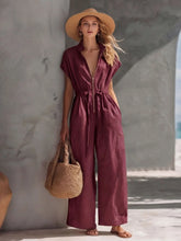 Load image into Gallery viewer, Utility Workwear Style Jumpsuit for Women Zipper Front Short Sleeve Drawstring Waist Wide Leg Casual Outfit
