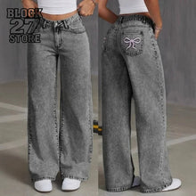 Load image into Gallery viewer, Mens Jeans Vintage Bow Embroidery Washed Denim Pants Harajuku Unisex Loose Fit Straight Leg Streetwear Casual Fashion Trend New
