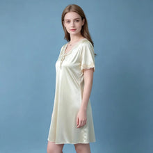 Load image into Gallery viewer, Elegant Women Satin Night Dress Lace V‑Neck Bow Knot Short Sleeve Sexy Sleepwear Ladies Home Loungewear Nightgown Sexy Lingiere
