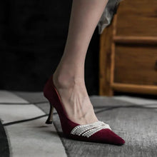 Load image into Gallery viewer, Women High Heels Sexy Beading Shoes Female 2024 New Red Velvet Pumps Pointed Toe RetroThin Heel Party Wedding Shoes Wholesale
