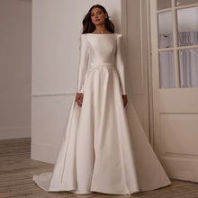 Load image into Gallery viewer, Modern Arabian Wedding Dress for Woman Customized Boat Neck Long Sleeves Sweep Train Open Back A Line Bride Bridal Gown
