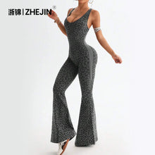 Load image into Gallery viewer, ZHEJIN Leopard Jumpsuit Women Flare Leg Yoga Romper Backless Criss Cross Workout Bodysuit Scrunch Butt Lift Gym Fitness Wear

