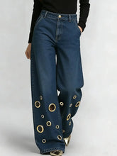 Load image into Gallery viewer, Women's High Waist Wide Leg Jeans with Gold Eyelets Vintage Baggy Denim Pants, Y2K Streetwear Hollow Out Trousers Ladies Jeans
