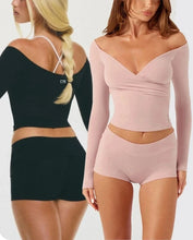 Load image into Gallery viewer, C-B Women's Yoga Set: Long-sleeved V-neck T-shirt &amp; High-waisted Cuffed Shorts &amp; Leggings, Suitable for Gym Workouts.
