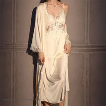 Load image into Gallery viewer, Elegant Female Long Robe Set Nightgown Silky Ice Silk Sleepwear Homewear SEXY Hollow Out Lace Nightdress Lingerie Loungewear
