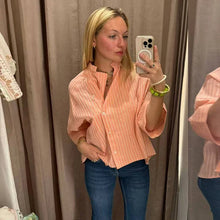Load image into Gallery viewer, Women's Pink Striped Shirts Summer Asymmetric Button Mid Sleeve Loose Fit Shirts Casual Office Look Vintage Elegant Female Tops
