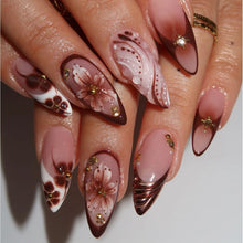 Load image into Gallery viewer, Medium fake nails for women Gradient nude brown blue flowers or rhinestones fall winter almond tips press on false nail art set
