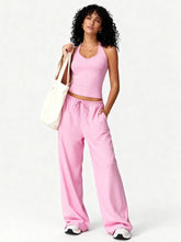 Load image into Gallery viewer, Women 2 Piece Yoga Outfit Ribbed Halter Crop Tank Top Drawstring Wide Leg Pants Set Casual Workout Gym Loungewear Tracksuit
