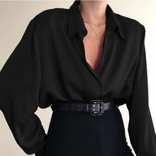 Load image into Gallery viewer, Women Button Blouses Turn Down Collar Shirts Office Lady Long Sleeve Casual Blouse Loose OL Shirt Baggy Tops Red/Wine Red /Black
