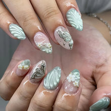 Load image into Gallery viewer, Medium fake nails for women Gradient nude brown blue flowers or rhinestones fall winter almond tips press on false nail art set
