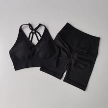 Load image into Gallery viewer, Women's Yoga Set Strappy Sports Bra &amp; High Waisted Shorts | Quick Dry Padded Butt Lifting Workout Outfit for Running Traini
