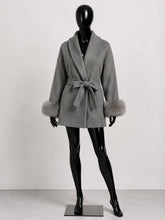 Load image into Gallery viewer, Women's Wool Coat with Fur Cuffs Minimalist Soft Wool High Fashion Belted Winter Fur Trim Coat Old Money Style Natural Fur Coat
